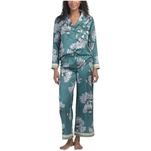 DALIA MACPHEE 2pc Satin Floral Notch Collar Pajama Set With Contrast Trim - Picture 1 of 2